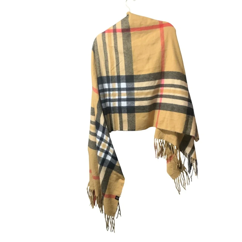 Scarf Womens OS Plaid Tan Black Red White Fringe Wrap Soft Cottage Quiet Luxury